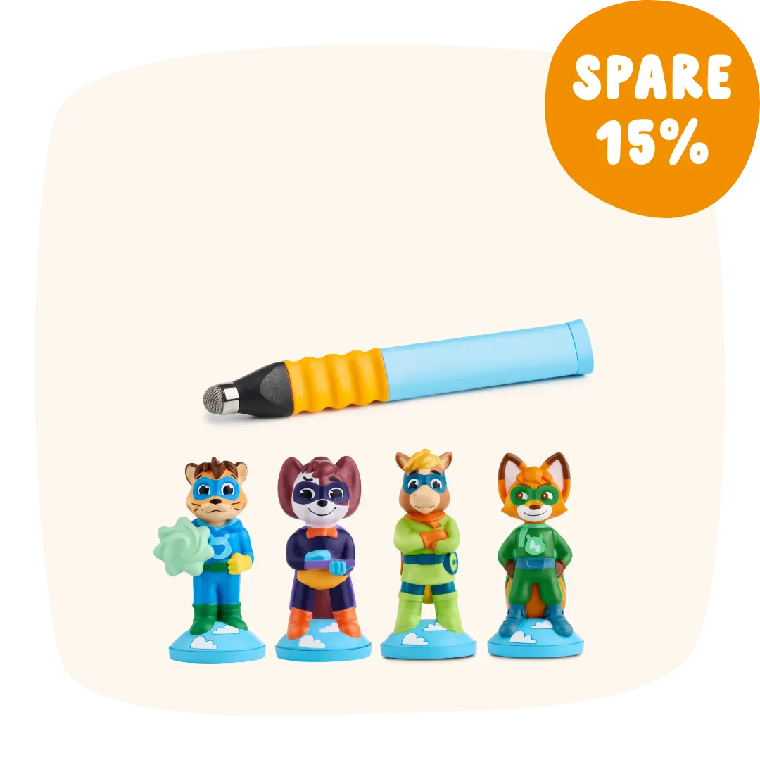 Vier Superhelden-Tierfiguren und ein blauer Eingabestift mit einem orangefarbenen „SPARE 15 %“-Etikett in der Ecke.