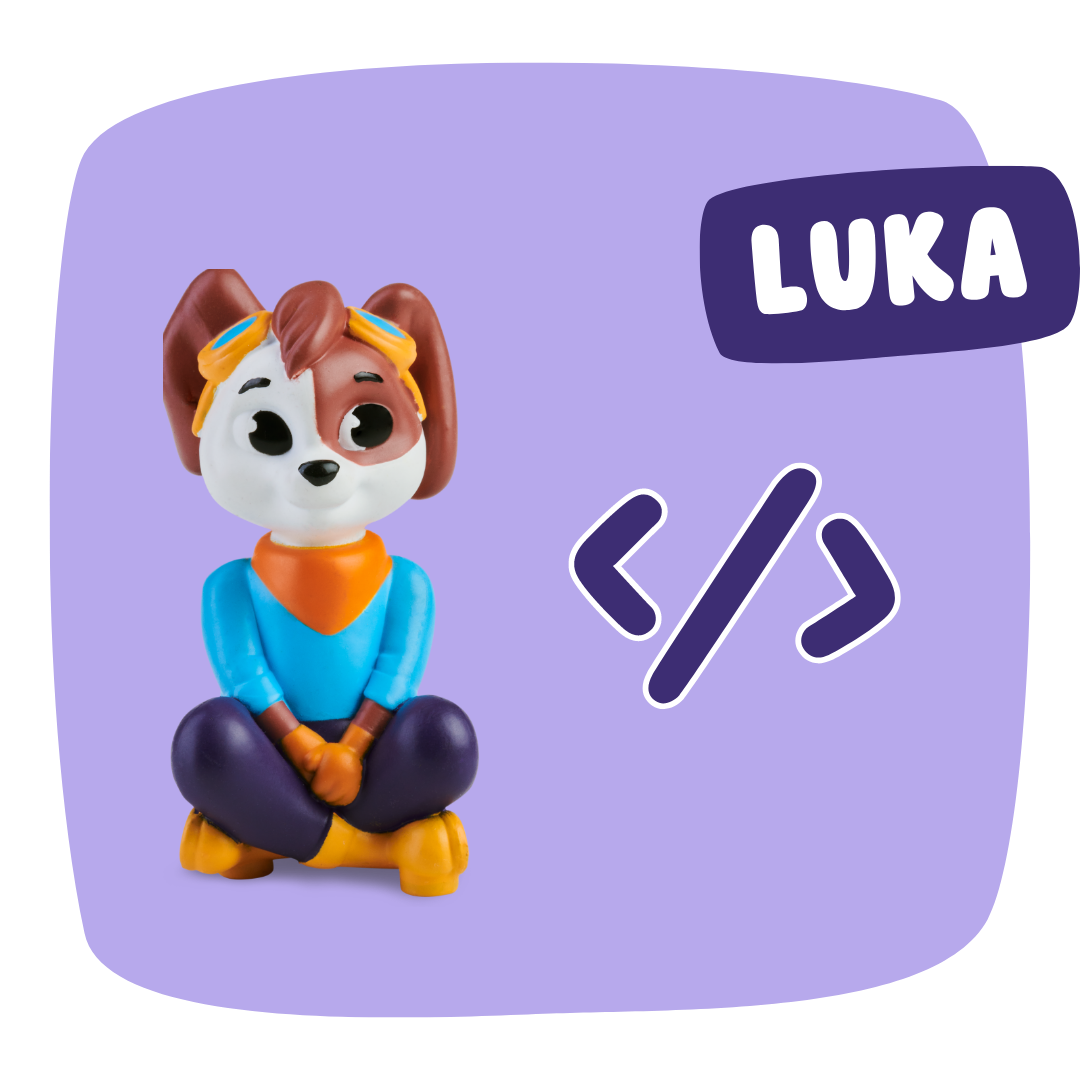 Der Cartoon-Hund namens Luka sitzt im Schneidersitz auf einem lila Hintergrund mit einem Codesymbol daneben.