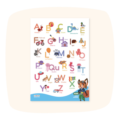 Das Edurino DE ABC Poster DIN-A1 ist eine farbenfrohe deutsche Buchstabentafel mit illustrierten Tieren und Gegenständen für jeden Buchstaben.