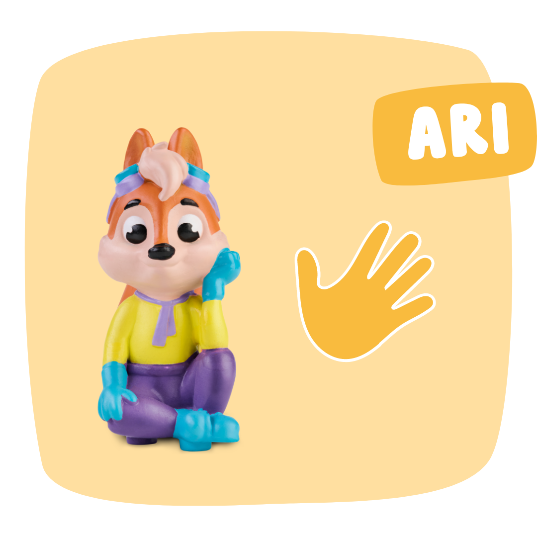 Ari "Meine Körperteile" von Edurino DE zeigt ein Cartoon-Streifenhörnchen mit Brille und buntem Outfit neben dem Wort ARI, einem gelben Handabdruck und spielerischen Hinweisen auf Körperteile, um die Neugier der Kinder auf unsere fünf Sinne zu wecken.
