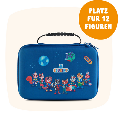 Edurino DE Großes Sammel-Mäppchen: Blaues Etui mit Cartoon-Tiermotiven, Sprechblase "Platz für 12 Figuren".