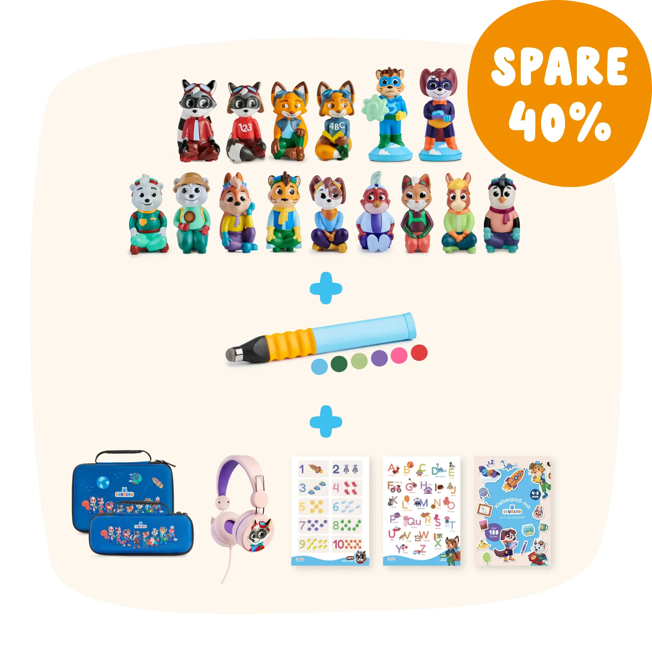Erstellen Sie Ihr eigenes Individuelles Bundle mit dem Bundle Builder: Spielzeugtierfiguren, Markierstift-Set, Kopfhörer, Aufkleber und blaues Etui – SPAREN SIE 40 % (orangefarbener Kreis).
