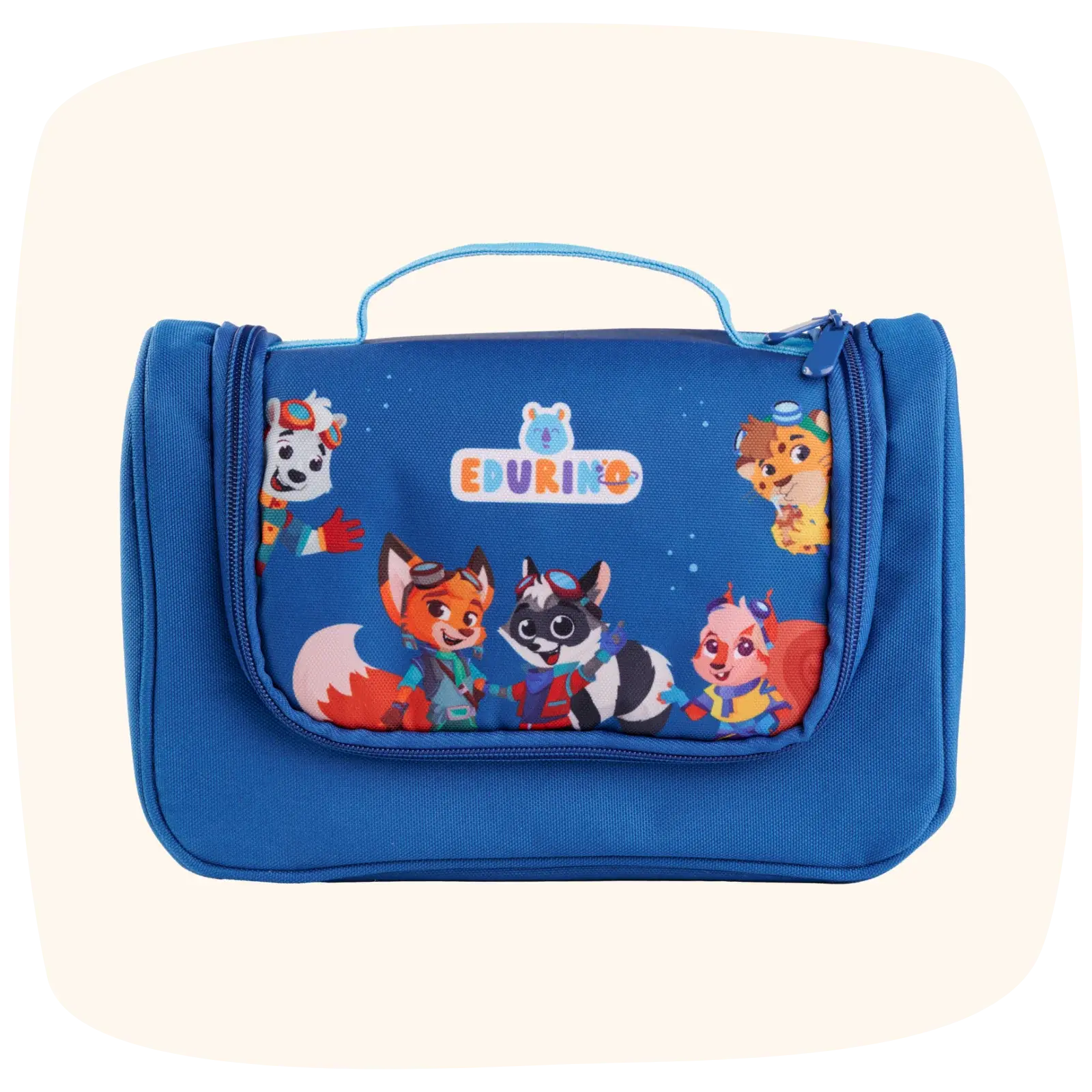 Das Sammel-Mäppchen L von Edurino DE ist eine blaue Tasche mit Cartoon-Tieren und dem Edurino-Logo, mit Henkel und Reißverschluss auf hellem Grund.