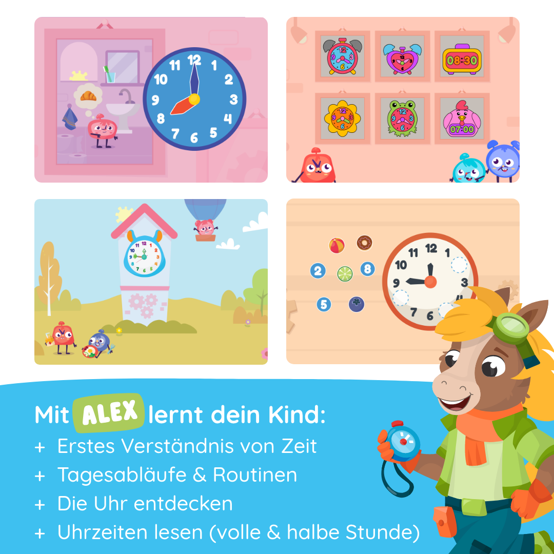 Vier bunte Illustrationen im Edurino DE Produkt "Alex 'Die Uhr lernen'" zeigen Uhren und Tierfiguren mit Text zum Erlernen der Uhrzeiten für Kinder.