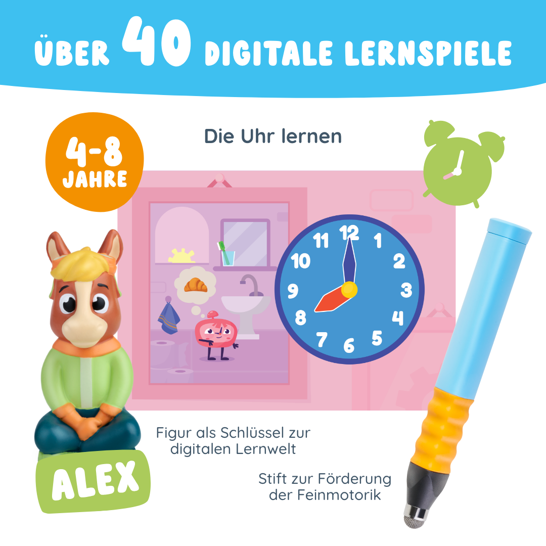 Alex "Die Uhr lernen" von Edurino DE: Cartoon-Pferd-Figur, Uhren-Illustration und Stift für digitale Lernspiele auf Deutsch für Kinder von 4-8 Jahren.