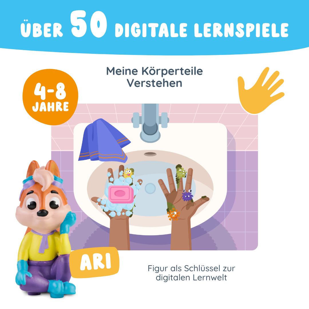 Ari "Meine Körperteile" von Edurino DE: Cartoon-Fuchs mit dem Namen Ari wäscht sich die Hände an einem Waschbecken; der Text hebt digitale Lernspiele zu Körperpflege und Körperteilen für 4-8-Jährige hervor.