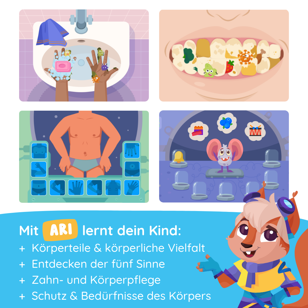 Vier Bildtafeln aus "Ari 'Meine Körperteile'" von Edurino DE zeigen Hygiene, Zähne, Anziehen und eine Mäusefigur; der deutsche Text vermittelt Themen wie Körperpflege und Körperteile.