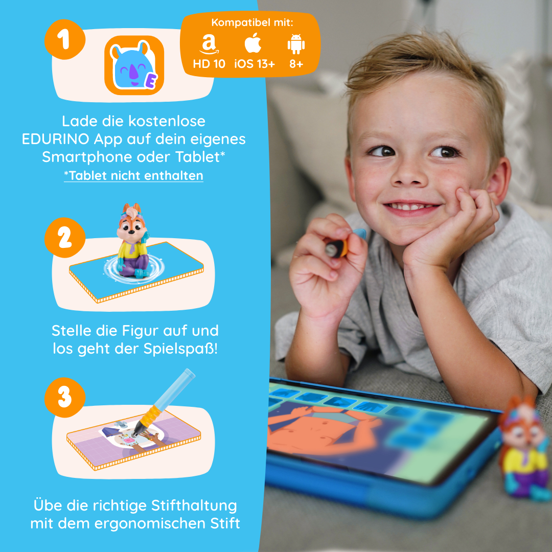 Ein lächelnder Junge benutzt ein Tablet und einen Stift und folgt den illustrierten Anweisungen für die Edurino DE Ari "Meine Körperteile" App über Körperpflege und die fünf Sinne.