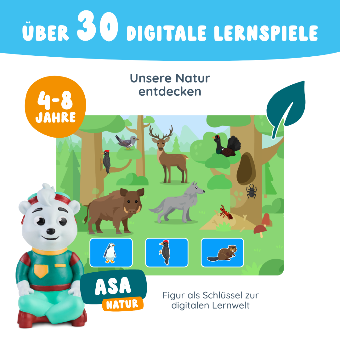 Asa "Unsere Natur" von Edurino DE: Bildschirmfigur mit heimischen Tieren und Pflanzen, Lernspiel für 4-8-Jährige. Über 30 digitale Lernspiele für kleine Naturforscher.