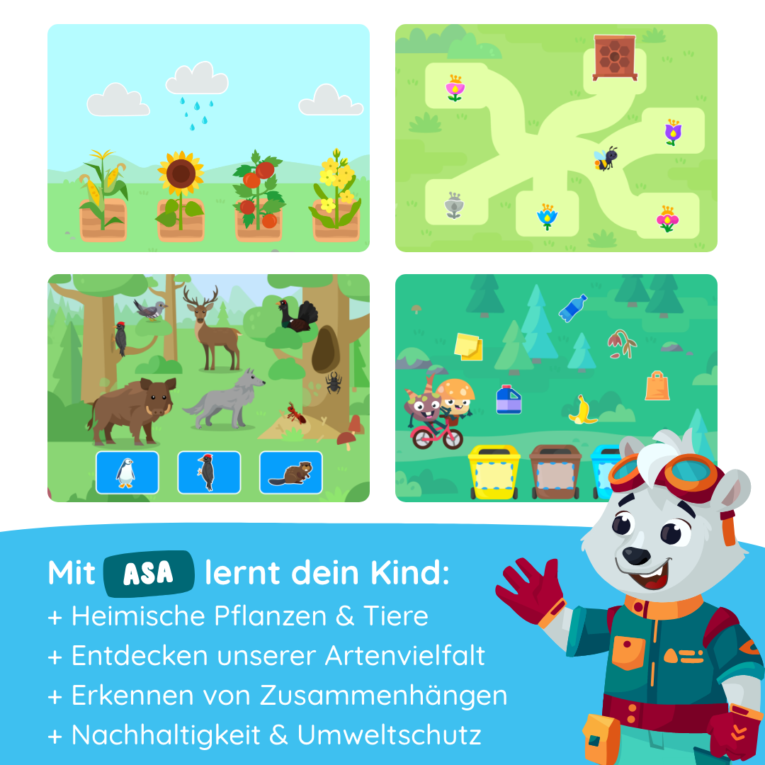 Asa "Unsere Natur" von Edurino DE: Vier bunte Lernspiel-Szenen zu heimischen Tieren, Pflanzen, Umweltschutz und nachhaltigen Tipps - mit fröhlichem Tier-Charakter unten.