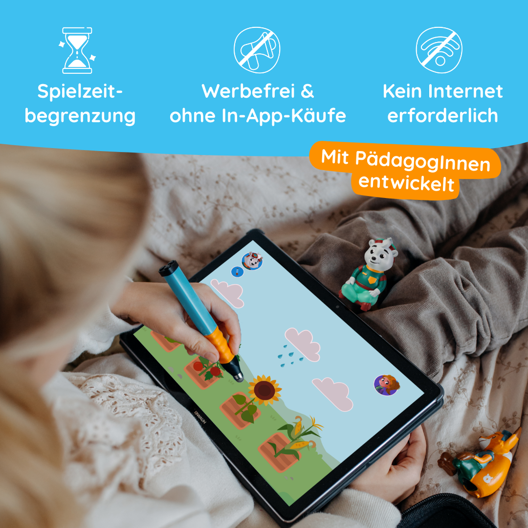 Ein Kind lernt mit der Edurino DE Asa App "Unsere Natur" heimische Tiere und Pflanzen kennen und genießt das sichere, werbefreie und von Experten entwickelte Offline-Spiel.