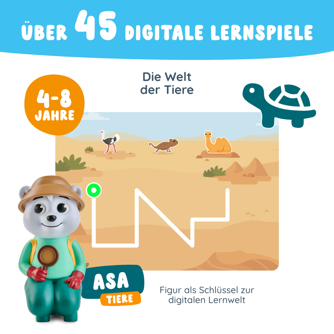 Entdecke mit Asa "Welt der Tiere" von Edurino DE 45 digitale Lernspiele für Kinder von 4-8 Jahren mit spannenden Tierfakten, Naturwissen und nachhaltigen Infos - inklusive Explorer-Outfit und Tier-Icons!.