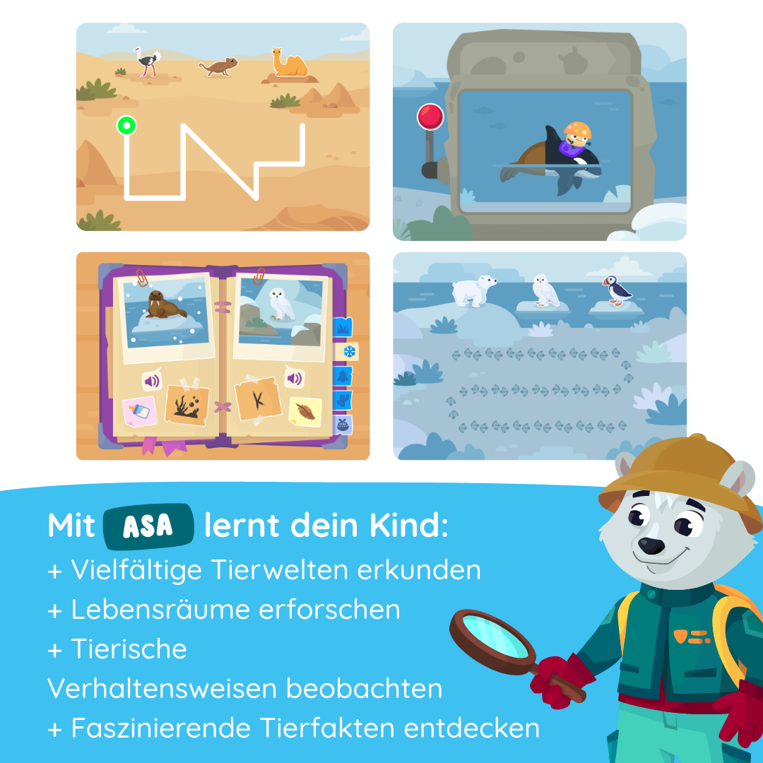 Mit Asa "Welt der Tiere" von Edurino DE entdecken kleine Tierforscher spielerisch bunte Illustrationen, einen Polarfuchs mit Lupen und spannende Fakten zu Natur sowie Nachhaltigkeit.