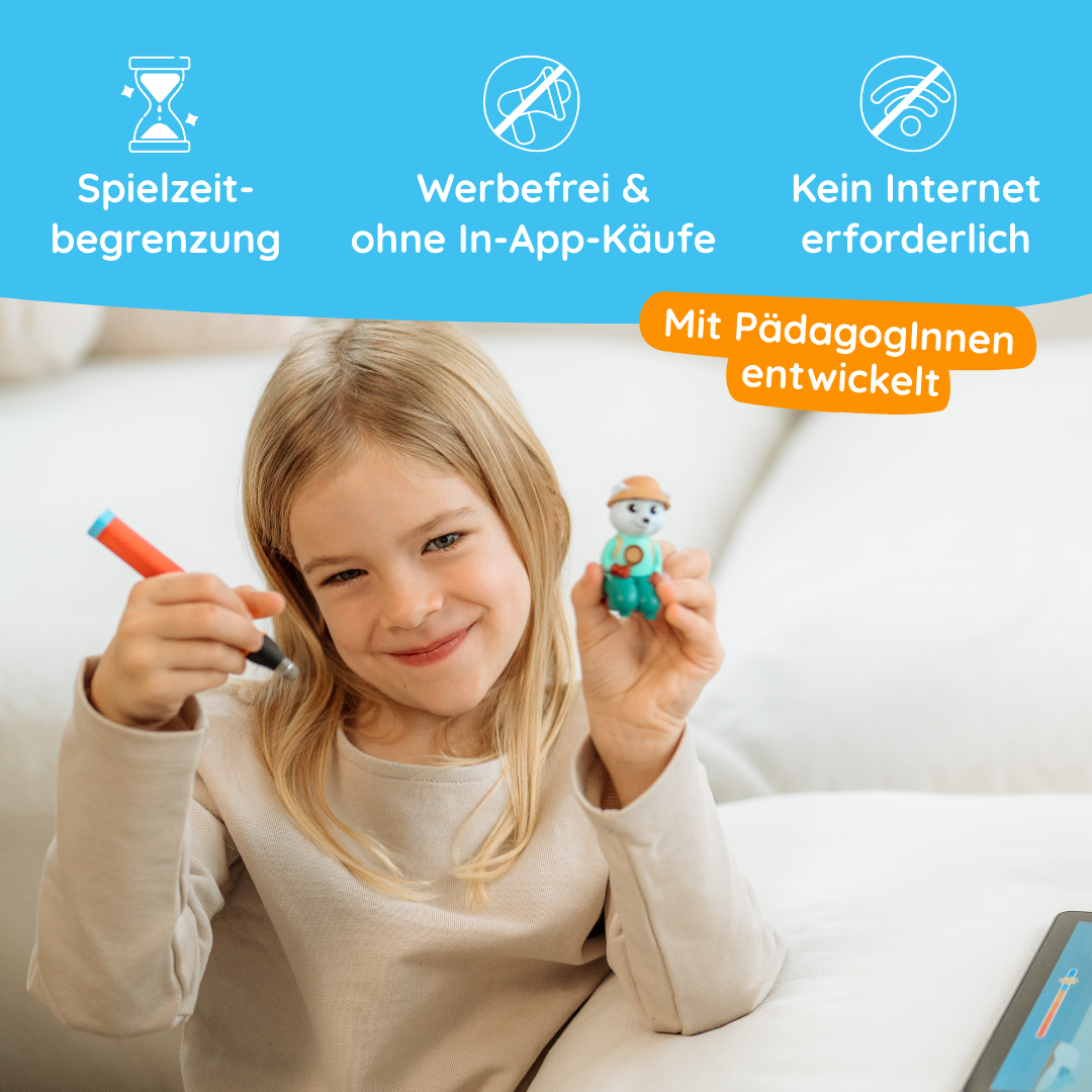 Ein lächelndes Mädchen zeichnet und hält ein Spielzeug; der deutsche Text hebt die Asa-App "Welt der Tiere" von Edurino DE hervor, die sich auf kinderfreundliche Funktionen, Tierfakten, Natur und Nachhaltigkeit konzentriert.