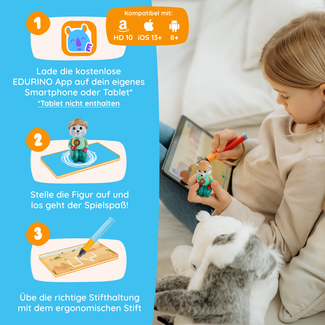 Ein Mädchen nutzt Asa "Welt der Tiere" von Edurino DE mit einem Tablet, einem Stift und einem Spielzeug und folgt den illustrierten Schritten in der App, um Tierfakten zu erkunden und wie ein echter Tierforscher zu lernen.