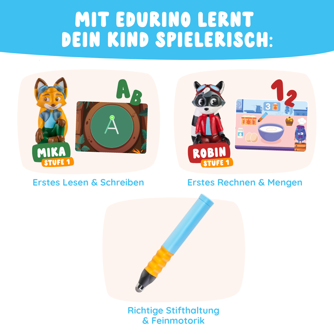 Das Edurino DE Basis Starter-Bundle bietet Lernfiguren, Lerninhalte und einen Stift für spielerisches Lesen, Rechnen und Fördern der Feinmotorik bei Kindern.