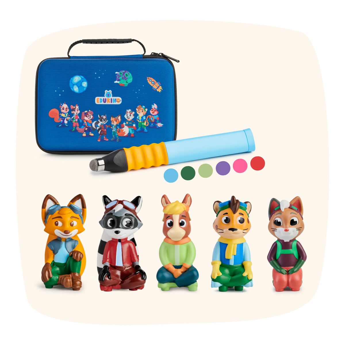 Das Edurino DE Bestseller-Bundle enthält Tierfiguren, farbige Scheiben, einen blauen Stift und ein Etui mit Cartoon-Tieren - ideal für spielerische Lernspiele, die die Kreativität und Sprachentwicklung von Kindern fördern.