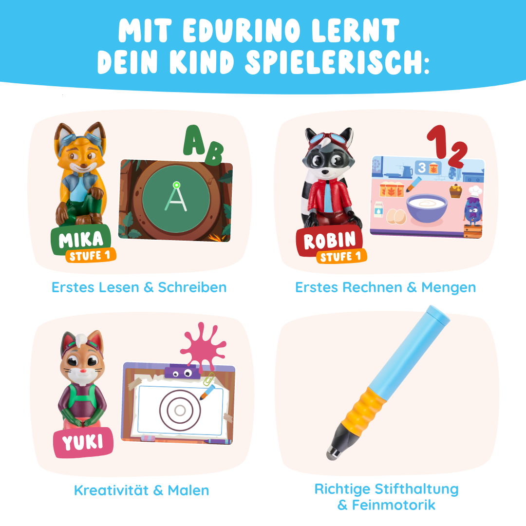Das Edurino DE Bestseller-Bundle enthält vier illustrierte Spielzeuge, die Kindern das Lesen, Rechnen, die Kreativität und den Stiftgriff beibringen, jeweils mit einer beschrifteten Aktivität.