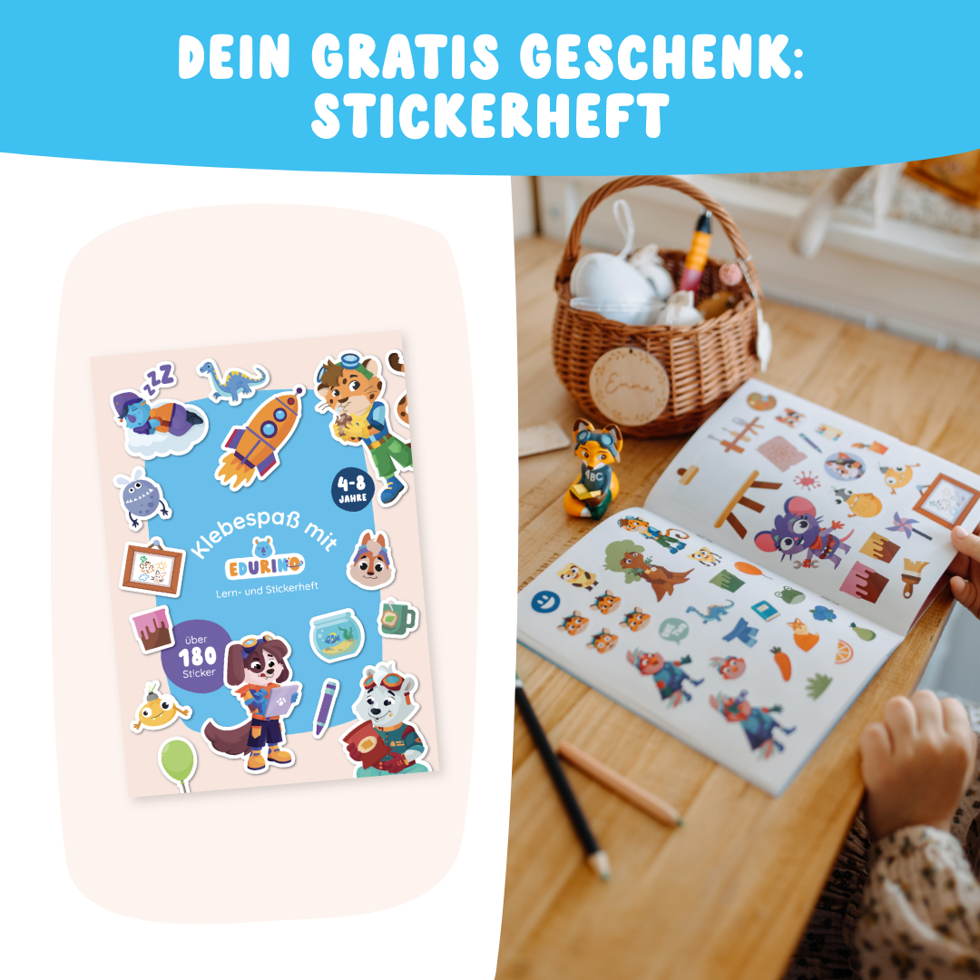 Ein Kind klebt Sticker in ein Stickerheft. Text: Dein kostenloses Geschenk im Bestseller-Bundle von Edurino DE: Stickerheft.