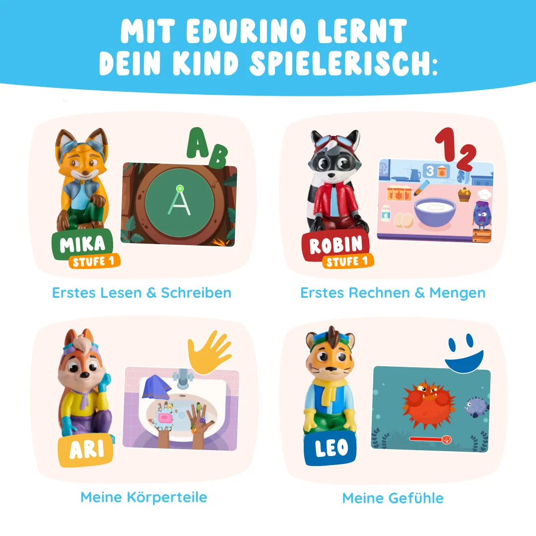 Das Erste Lern-Bundle von Edurino DE lehrt Kinder anhand von vier Cartoon-Tieren spielerisch Lesen, Schreiben, Mathe, Körperteile und Gefühle.