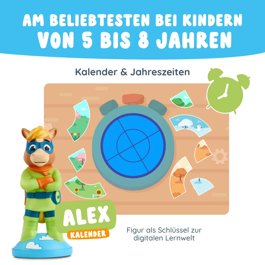 Der Alex "Jahreszeiten & Kalender" von Edurino DE zeigt die Zeichentrickfigur Alex neben einem Kalender und einer Jahreszeitenübersicht und ist für Kinder von 5 bis 8 Jahren gedacht.