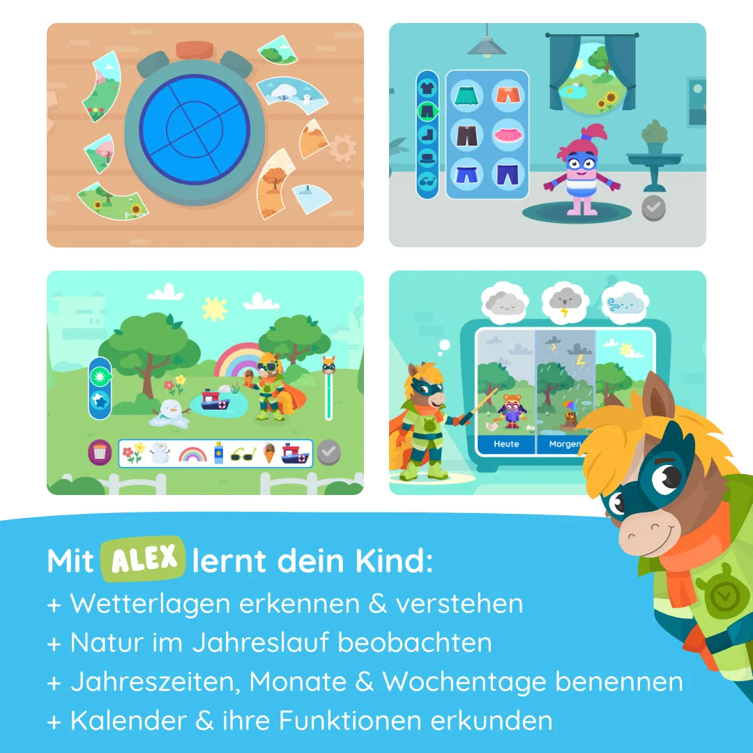 Alex "Jahreszeiten & Kalender" von Edurino DE vermittelt Kindern in vier bunten Zeichentrickszenen mit dem Pferdemaskottchen Alex Wissen über Wetter, Jahreszeiten und Kalender.