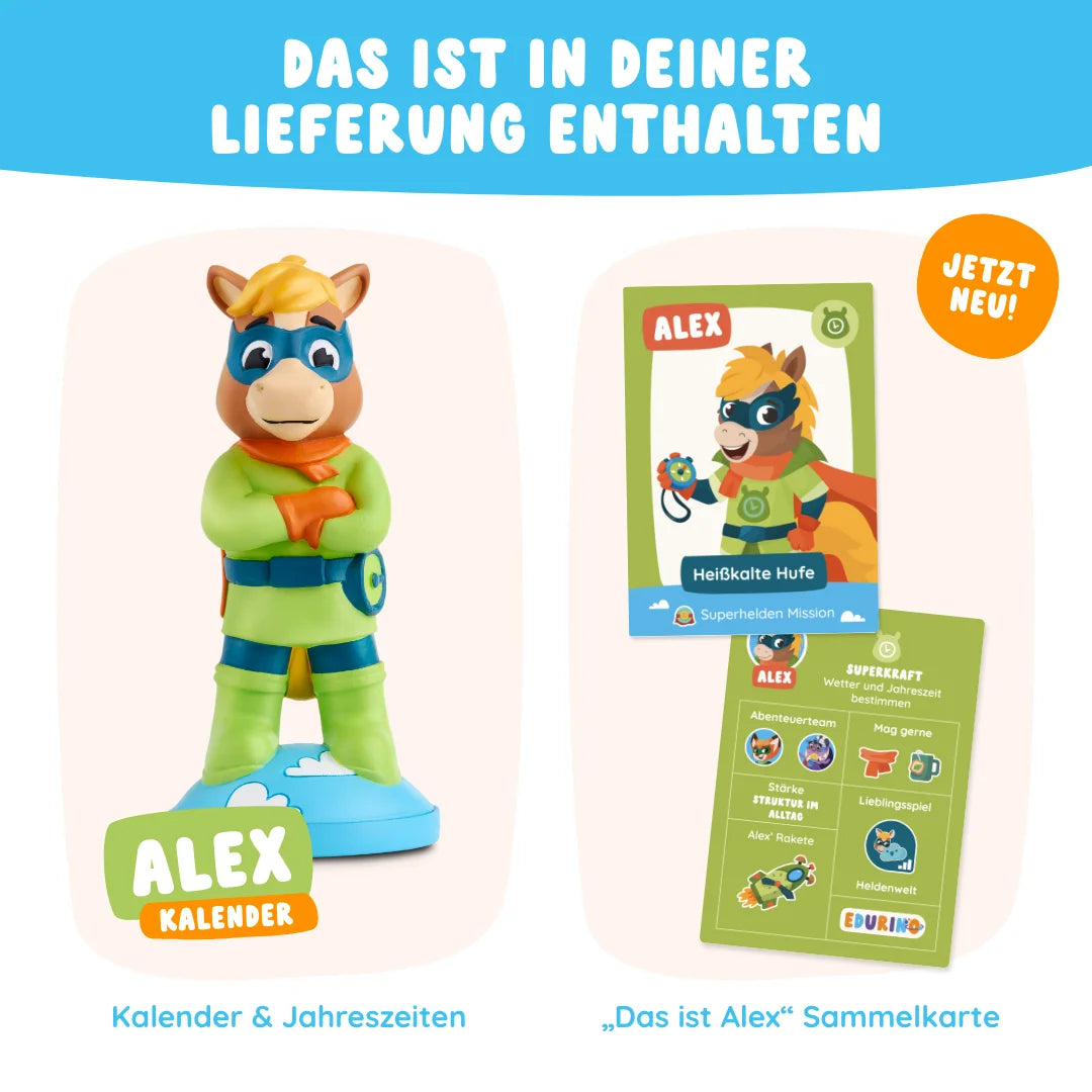 Edurino DE's Alex "Jahreszeiten & Kalender": Eine Cartoon-Pferde-Superheldenfigur mit Alex-Sammelkarten und Kalender auf blauem Hintergrund.