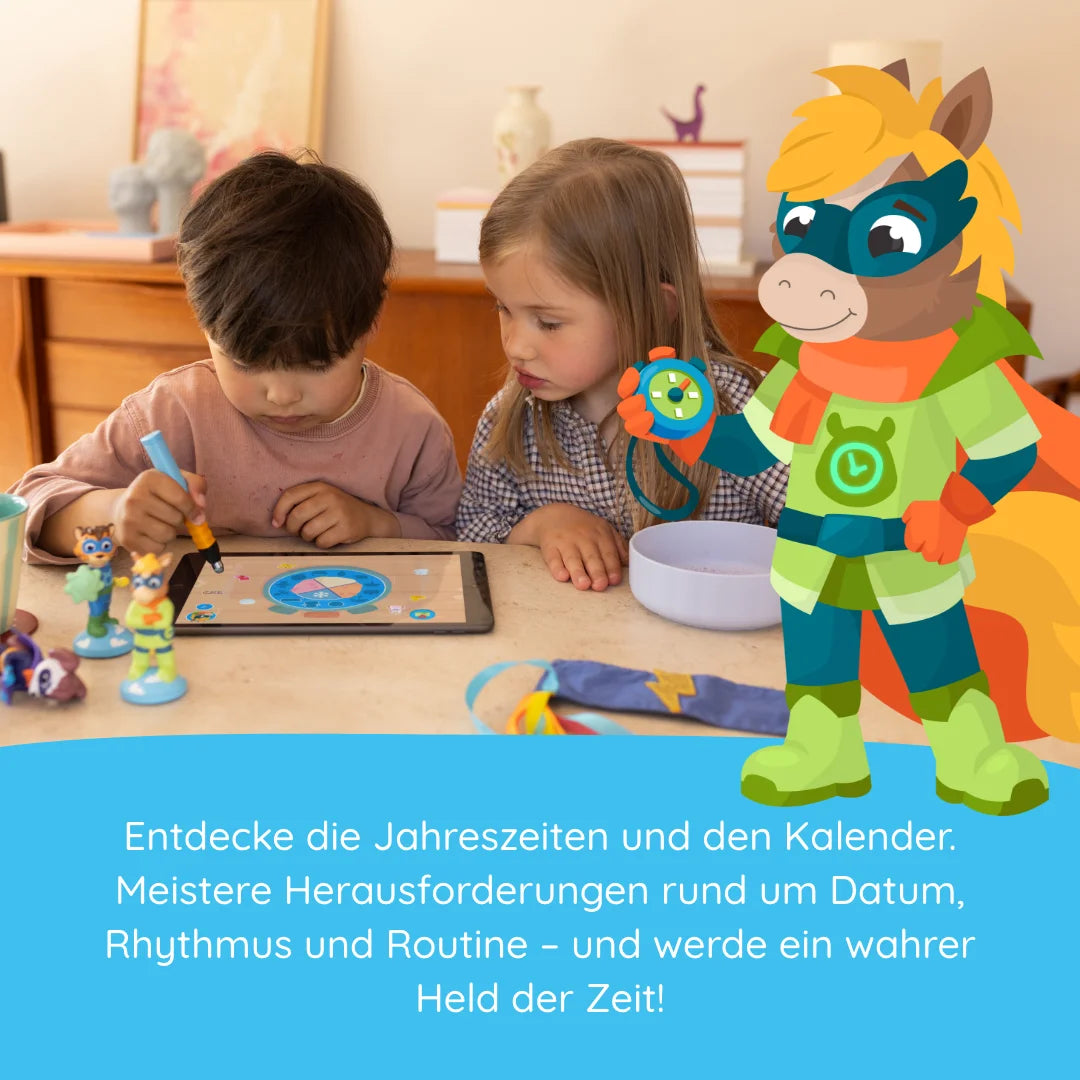 Zwei Kinder spielen mit dem Alex "Jahreszeiten & Kalender" von Edurino DE und einem Tablet. Neben ihnen steht ein Superhelden-Pferde-Cartoon auf einem blauen Banner mit deutschem Text.