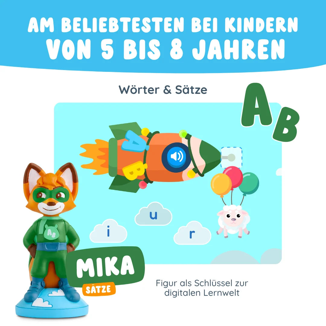 Illustration einer Fuchsfigur, einer Rakete und von Buchstaben zur Werbung für Mika "Wörter & Sätze" von Edurino DE, einem Lernprodukt für Kinder von 5 bis 8 Jahren.