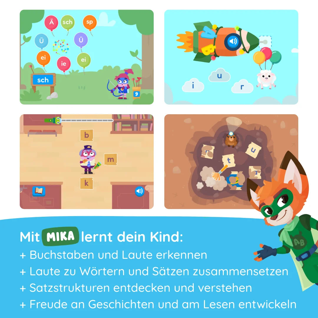 Entdecken Sie Mika "Wörter & Sätze" von Edurino DE: vier lebendige Zeichentrickspielszenen für Kinder mit einer Fuchsfigur und deutschem Text, um Buchstaben und Laute zu lernen.