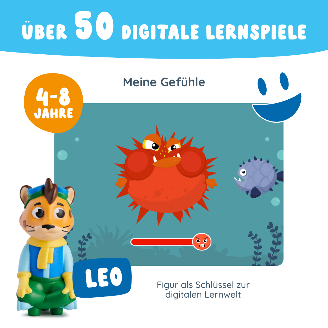 Leo "Meine Gefühle" von Edurino DE zeigt einen wütenden roten Fisch und einen kleineren Fisch im Wasser sowie die Spielfigur Leo - eine Szene, die Empathie und soziale Kompetenz fördert.