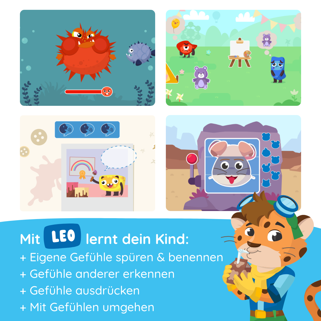 Der Löwe "Meine Gefühle" von Edurino DE zeigt vier Zeichentrickszenen mit Tier- und Tigerfiguren, die Kinder an Gefühle heranführen und soziale Kompetenzen vermitteln, während sie Gefühle erkunden.