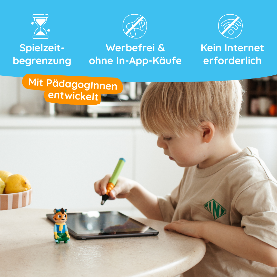 Ein kleines Kind benutzt am Küchentisch ein Tablet mit Lernsymbolen und deutschem Text über Emotionen und soziale Stärke aus dem oben abgebildeten Produkt Leo "Meine Gefühle" von Edurino DE.