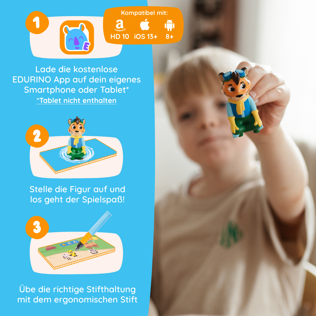 Ein Kind hält die Leo "Meine Gefühle"-Spielzeugfigur von Edurino DE in der Hand; auf der linken Seite sind App-Anweisungen und Symbole zu Empathie und sozialer Stärke in deutscher Sprache abgebildet.