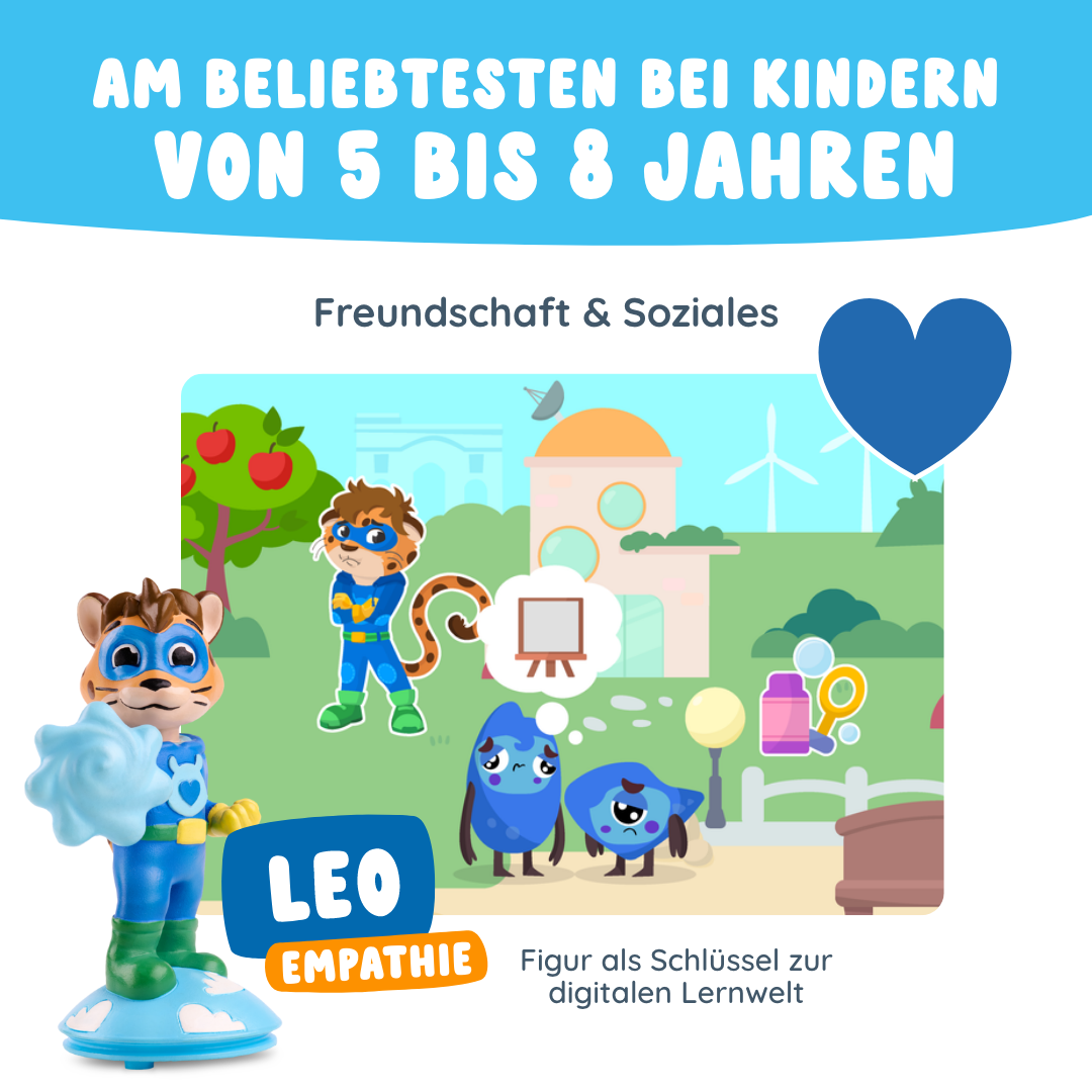 Edurino DE's Leo "Freundschaft & Soziales" zeigt animierte Tiere in Superheldenkostümen, die Empathie und Freundschaft für Kinder im Alter von 5-8 Jahren fördern, soziale Kompetenzen unterstützen und ein blaues Herzsymbol zeigen.