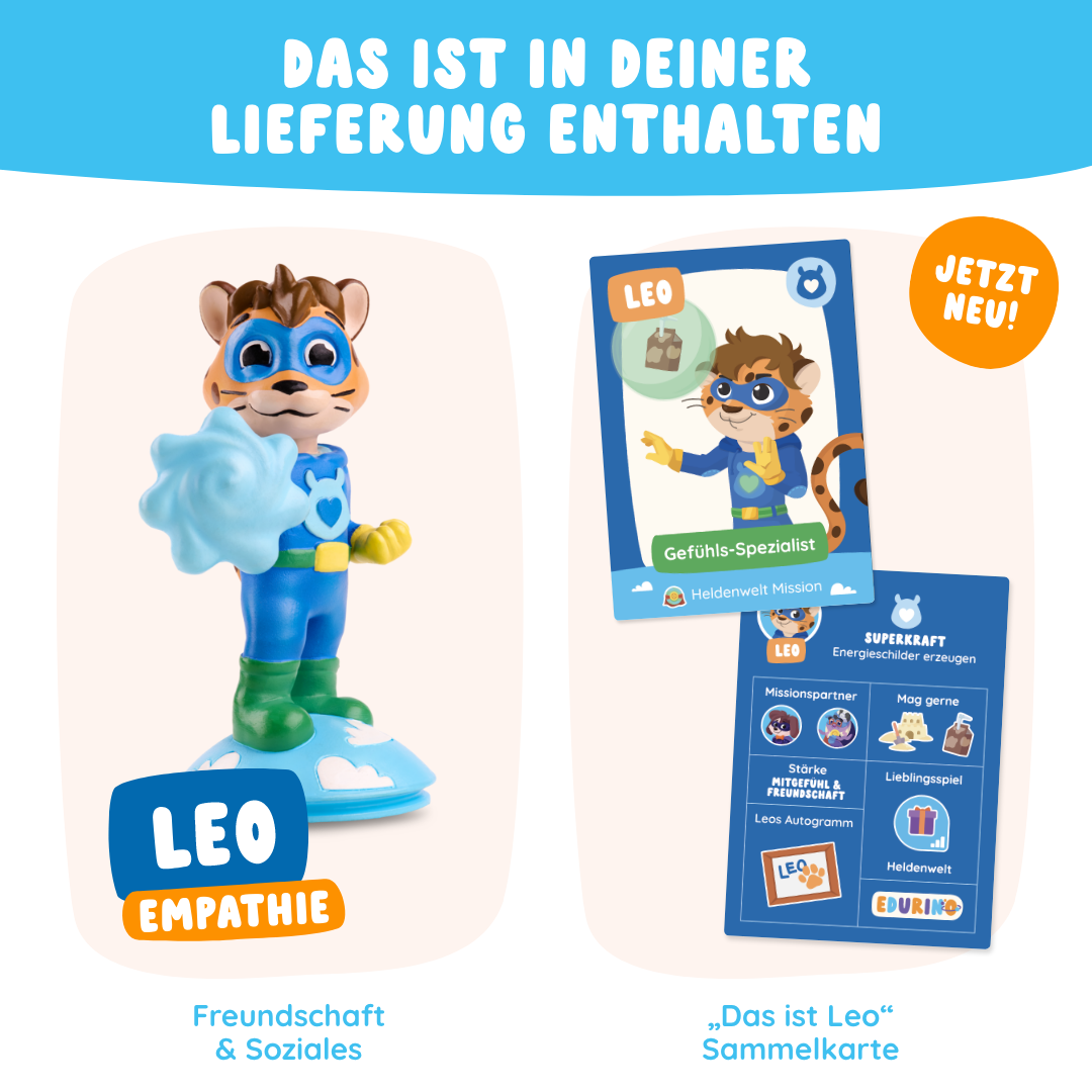Leo "Freundschaft & Soziales" von Edurino DE: Cartoon-Katzenfigur und Sammelkarten mit bunten deutschen Texten zu Empathie, Konfliktlösung und Freundschaft, die Kindern helfen, soziale Fähigkeiten zu entwickeln.