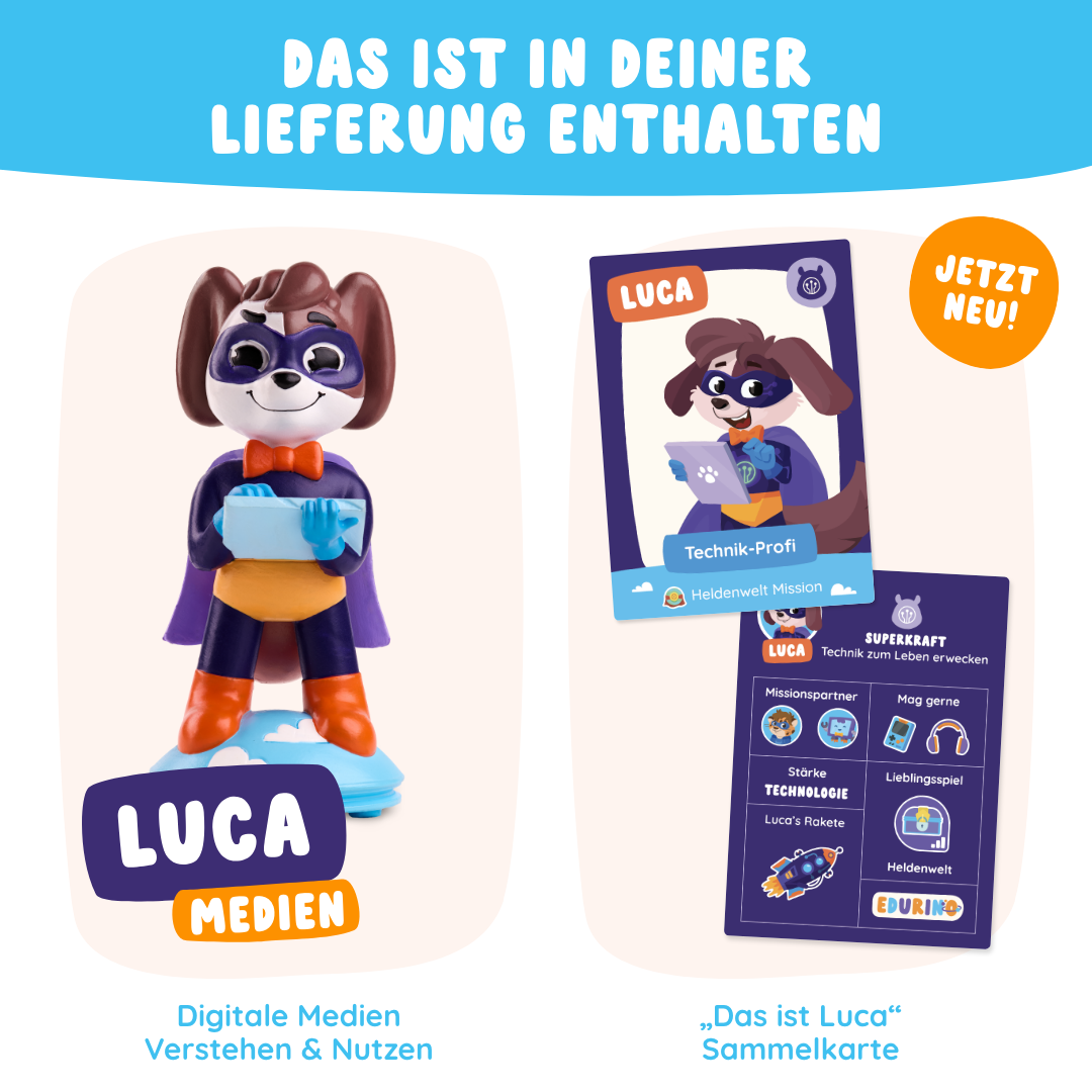 Inklusive einer Luca "Digitale Medien nutzen & verstehen" Hundefigur von Edurino DE, einer Sammelkarte und Infos zum Verständnis digitaler Medien sowie Details zum neuen Artikel.