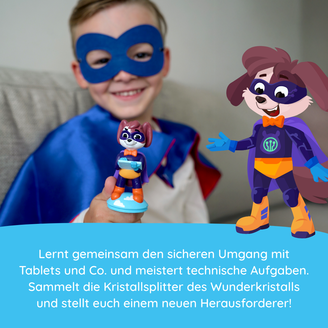 Ein Kind hält eine Spielfigur; daneben steht eine Comic-Hund-Superheldenfigur - ein Beispiel, wie das Produkt Luca "Digitale Medien nutzen & verstehen" von Edurino DE digitale Inhalte ins reale Spiel bringt.