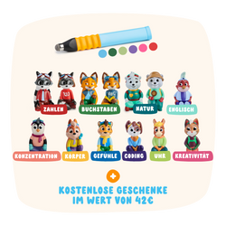 Die Edurino DE Lernreise XL enthält bunte Tierfiguren und einen Stift, die jeweils mit einem Lernthemenaufkleber versehen sind, sowie kostenlose Geschenke im Wert von 42 €.