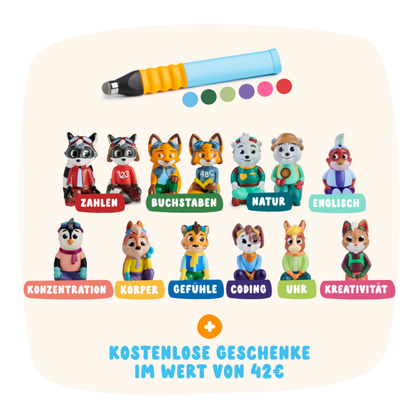 Die Edurino DE Lernreise XL enthält bunte Tierfiguren und einen Stift, die jeweils mit einem Lernthemenaufkleber versehen sind, sowie kostenlose Geschenke im Wert von 42 €.