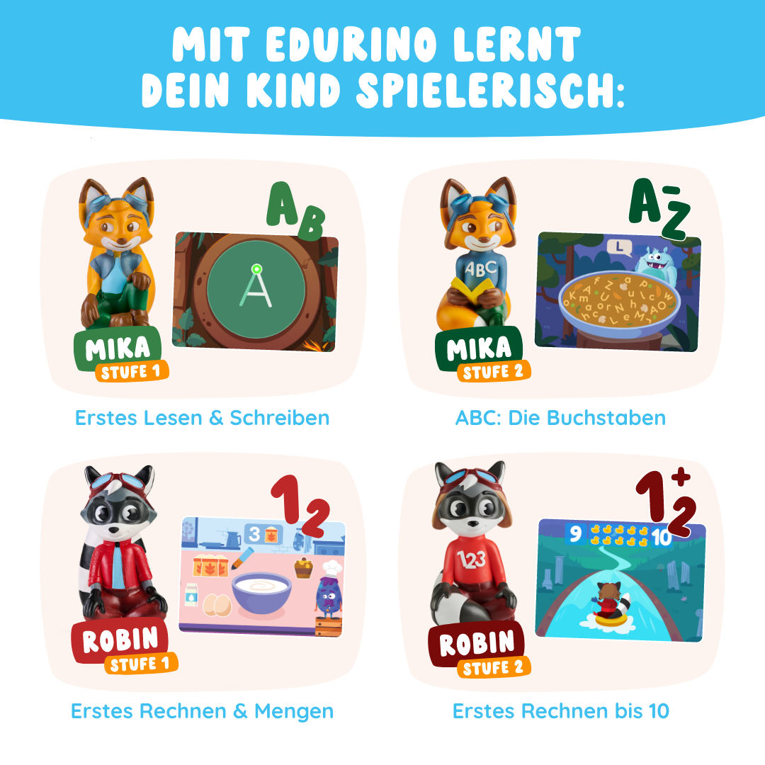 Die Lernreise XL von Edurino DE zeigt vier Zeichentrick-Tierfiguren, die den Kindern auf spielerische Weise Lesen, Schreiben und Rechnen beibringen.