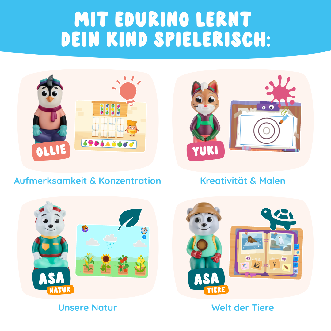Die Lernreise XL von Edurino DE besteht aus vier Tierfiguren, die den Kindern helfen, ihre Konzentration, Kreativität und ihr Wissen über Natur und Tiere mit Hilfe von bunten Tafeln zu entwickeln.