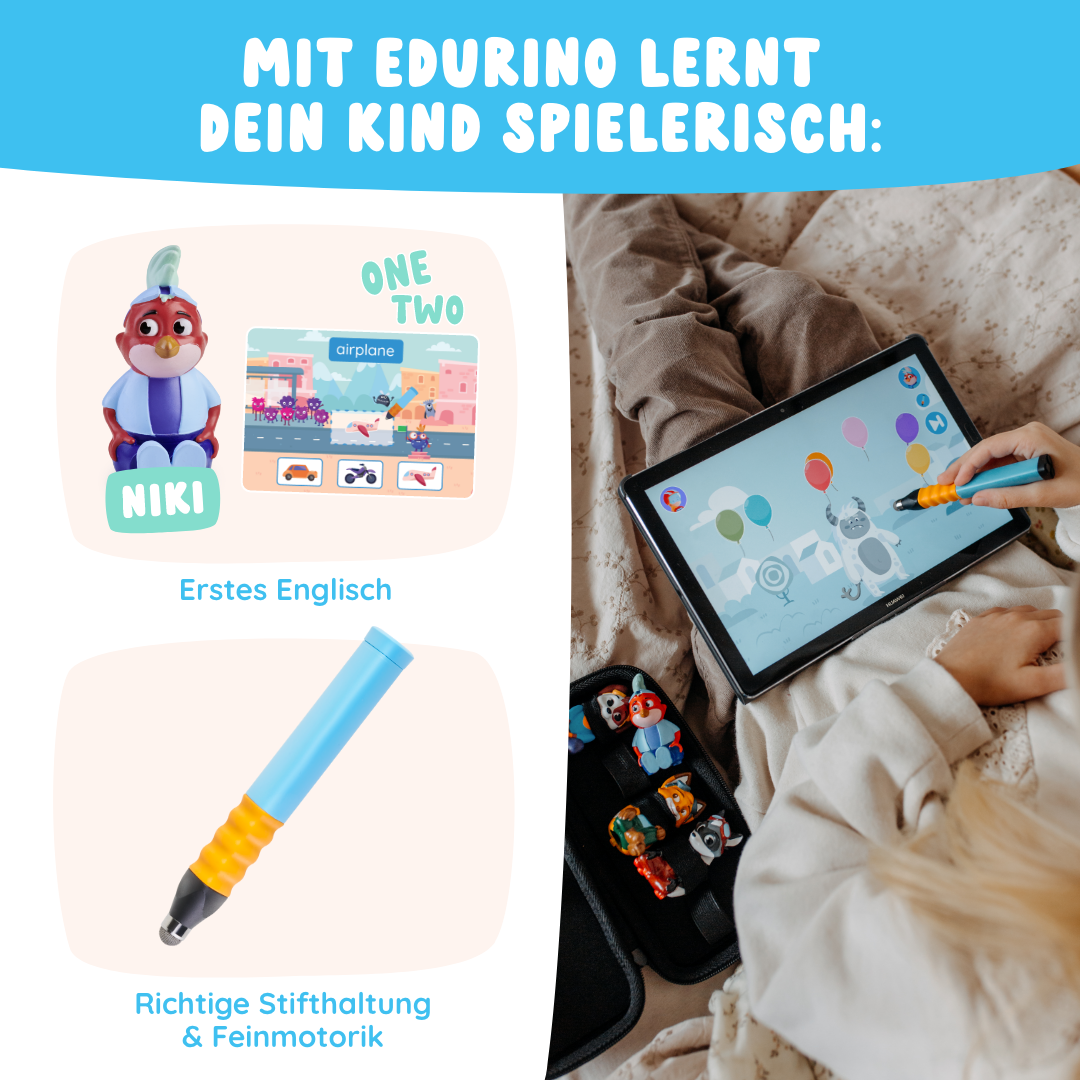 Mit der Lernreise XL von Edurino DE lernen Kinder mit einem Tablet und einem interaktiven Stift mit spielerischen Figuren Englisch und verbessern ihre Feinmotorik.