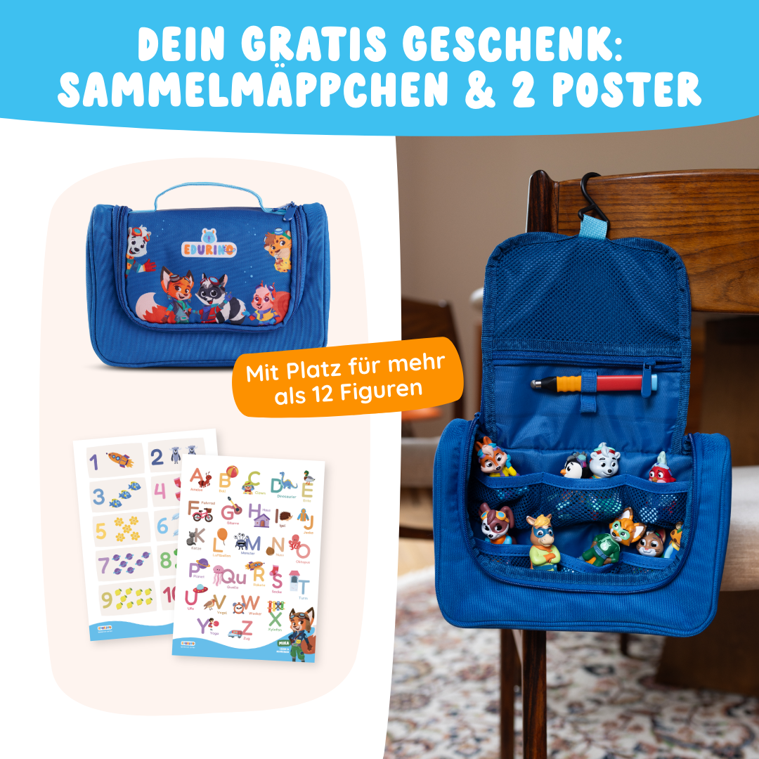 Die Edurino DE Lernreise XL enthält einen blauen Sammlerkoffer mit Tierfiguren im Inneren sowie zwei lebendige Poster mit Zahlen und Tieren.