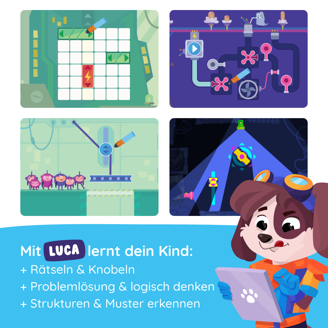 Vier bunte Rätselspiele und ein Hund mit Tablet - Luca "Logisches Denken & Coding" von Edurino DE fördert Kinder beim Lernen spielerisch.