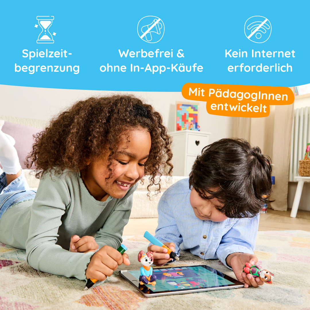 Zwei Kinder spielen mit Spielzeug und einem Tablet auf dem Boden, über ihnen sind die Funktionen des Edurino DE-Produkts "Luca 'Logisches Denken & Coding'" in deutscher Sprache dargestellt.