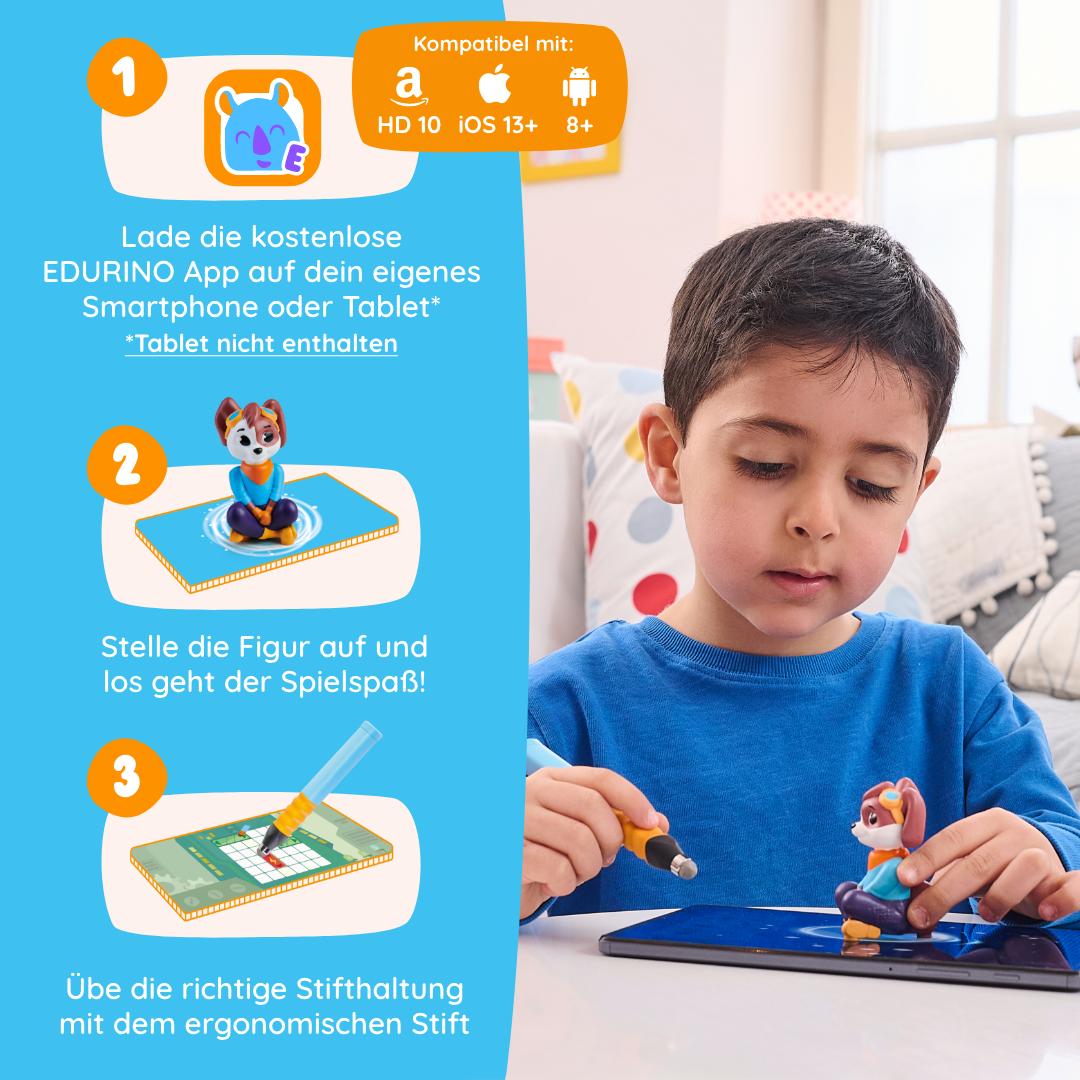 Junge verwendet das Edurino DE-Set "Luca Logisches Denken & Coding" mit Spielfigur und Stift; Schritte der Anleitung sind rund um das Bild angeordnet.