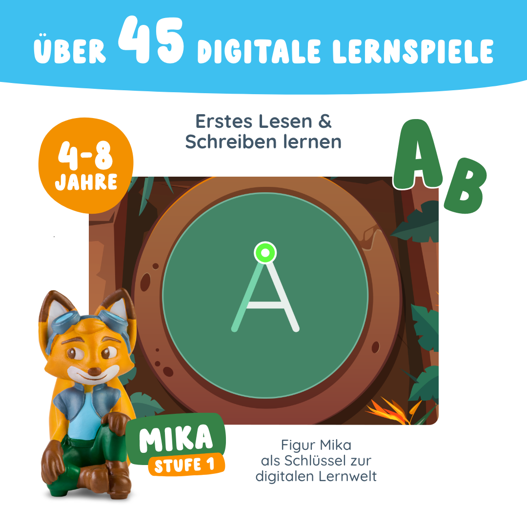 Ein Zeichentrick-Fuchs, Mika, sitzt bei einem großen A; Text fördert Mika "Erstes Lesen & Schreiben" - Stufe 1 von Edurino DE mit 45 digitalen Lernspielen für Kinder von 4-8, um Sprache und phonologisches Bewusstsein spielerisch zu fördern.