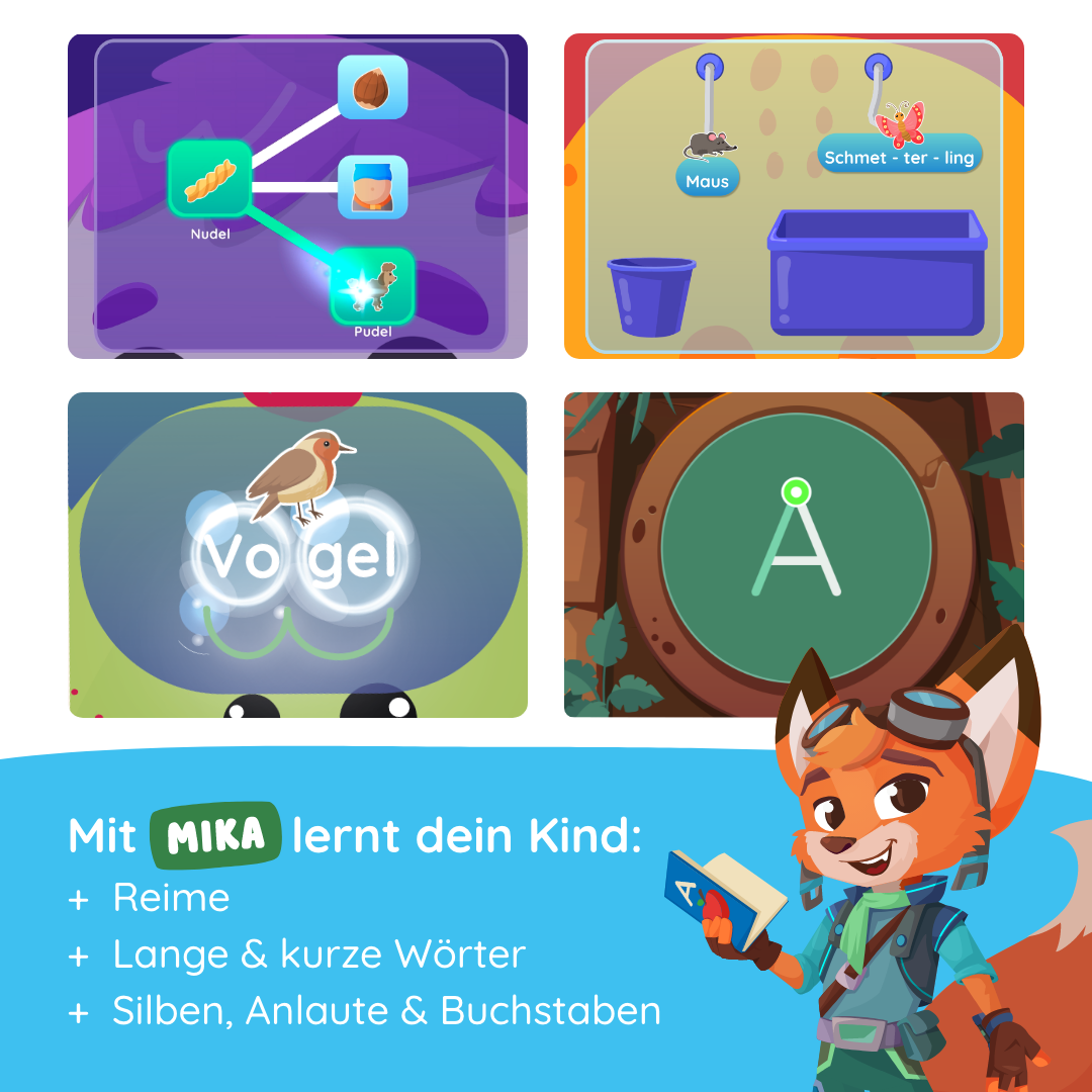 Mika "Erstes Lesen & Schreiben" - Stufe 1 von Edurino DE zeigt vier Zeichentrickszenen, in denen deutsche Wörter und Buchstaben gelehrt werden. Ein Fuchs-Maskottchen lädt Kinder ein, Sprache zu entdecken und phonologisches Bewusstsein zu entwickeln.