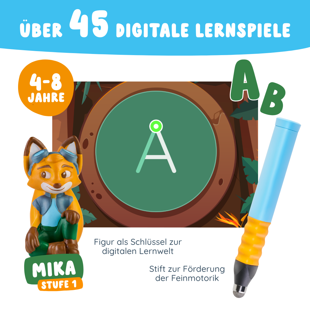 Edurino DE's Mika "Erstes Lesen & Schreiben" - Stufe 1: Enthält eine Cartoon-Fuchsfigur, einen blauen digitalen Stift und einen baumförmigen Bildschirm mit dem Buchstaben A; entwickelt, um digitale Lernspiele für Kinder zu fördern.